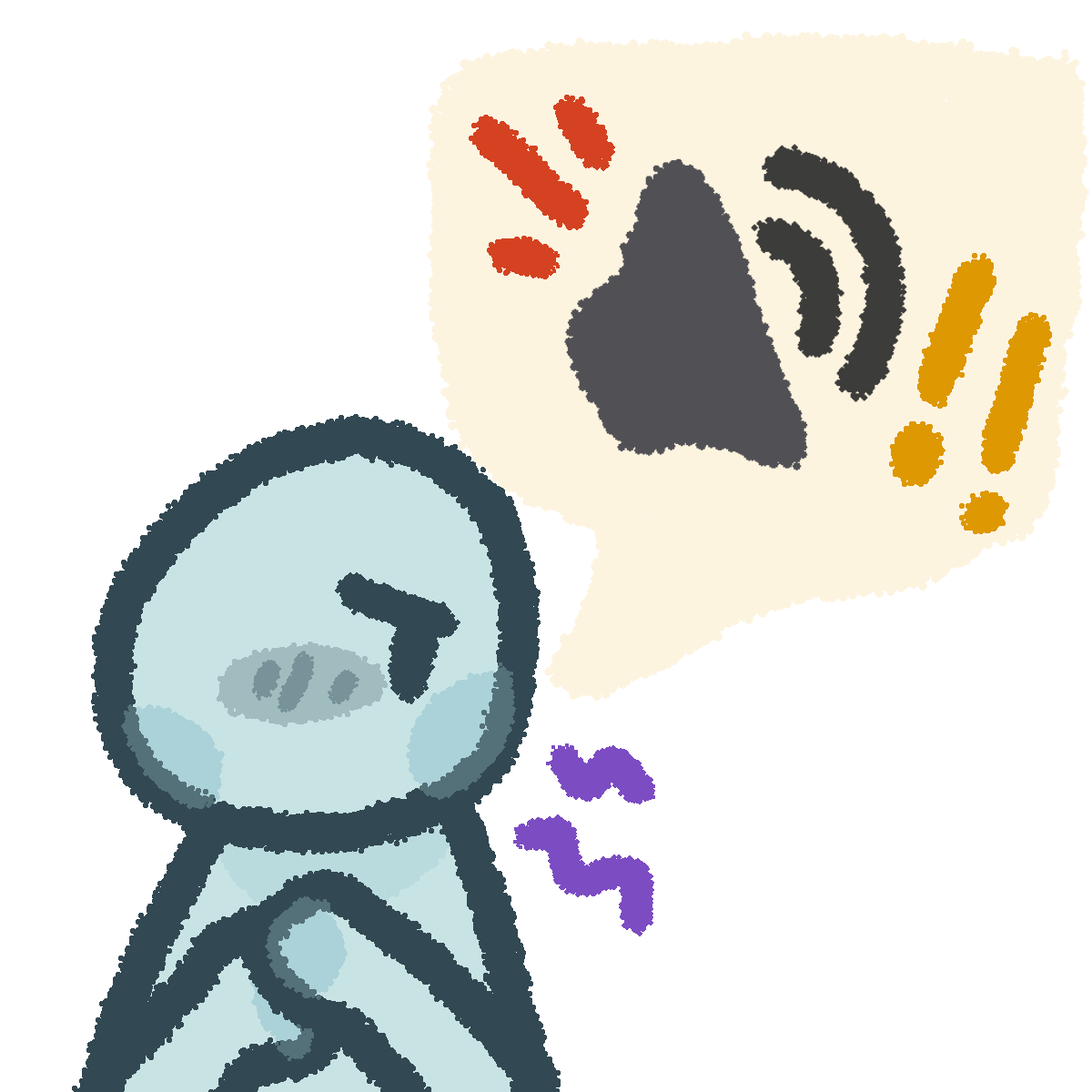a light blue-grey person looking uncomfortable. a speech bubble is coming out of them and it has a speaker as well as red lines coming out of the speaker and two gold exclamation points